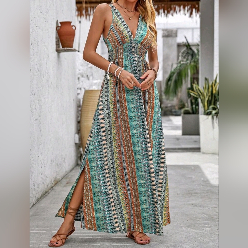 New Boho Print Maxi Dress Tie Back Blue Orange Rust Green